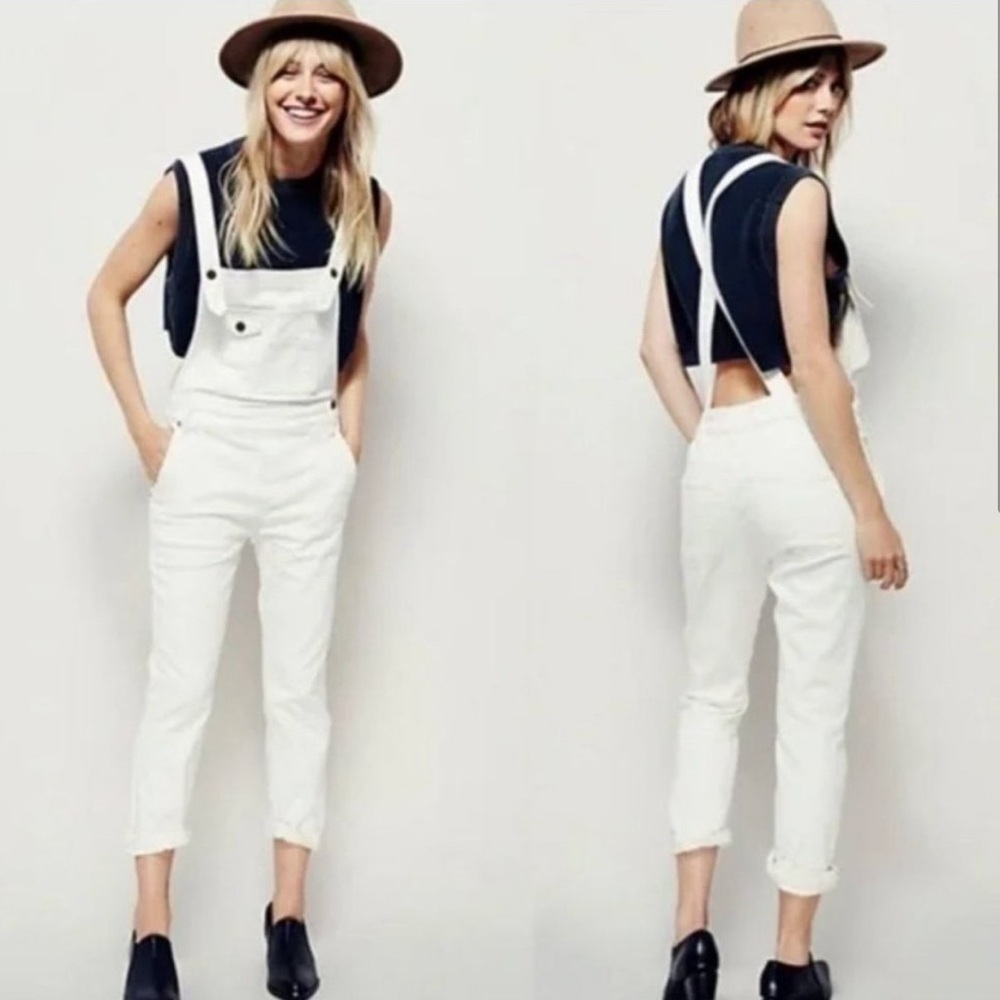 Free People White Denim Crisscross Overalls Women's